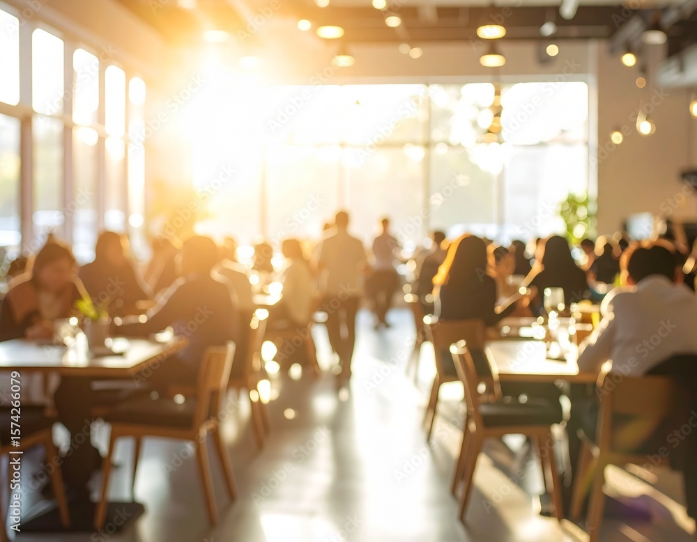 Obraz premium Spacious café interior with groups of people sitting and socializing at tables. Warm natural sunlight streams through large glass windows, blurred image