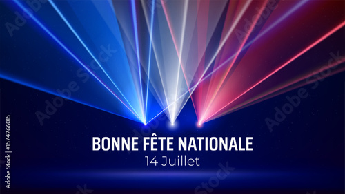 Banner 14 july bastille day in france, poster with french colorful laser light show on dark blue background. Laser france flag. French national holiday. Vector. Translation Happy National Day July 14