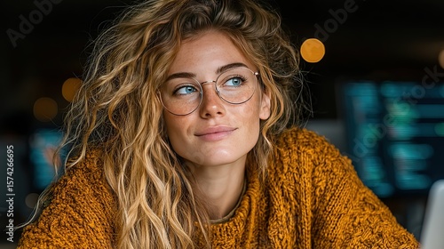 Blonde Woman in Round Glasses with Wavy Hair, Wearing Cozy Yellow Sweater, in a Modern Indoor Setting with Blurred Background Lights and Screens