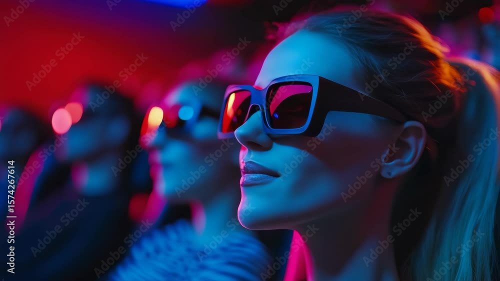 A woman wearing sunglasses is sitting in a movie theater A woman wearing sunglasses is sitting in a movie theater