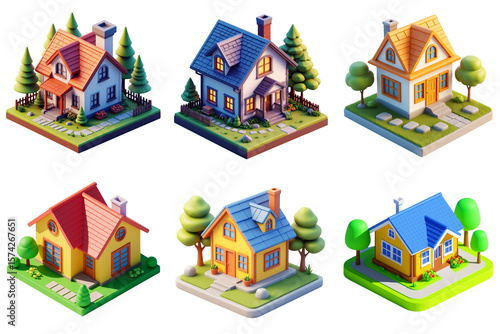 3D Real estate marketing kit - colorful miniature houses in various styles and designs  