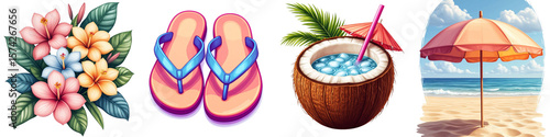 Escape to Paradise – Holiday Essentials Collage: tropical flowers, flip flops, coconut drink, and beach umbrella scene  
