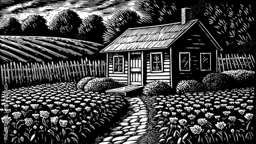 Small countryside hut with stone path, garden, picket fence, and blooming flowers in the field black and white line art illustration