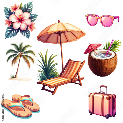 Dream Getaway Props – marketing collage for tourism business, tropical vacation elements set