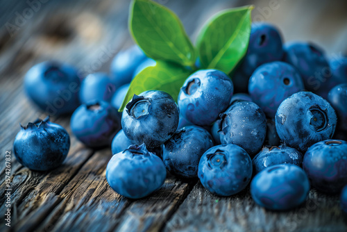 Fresh Blueberries with Green Leaves