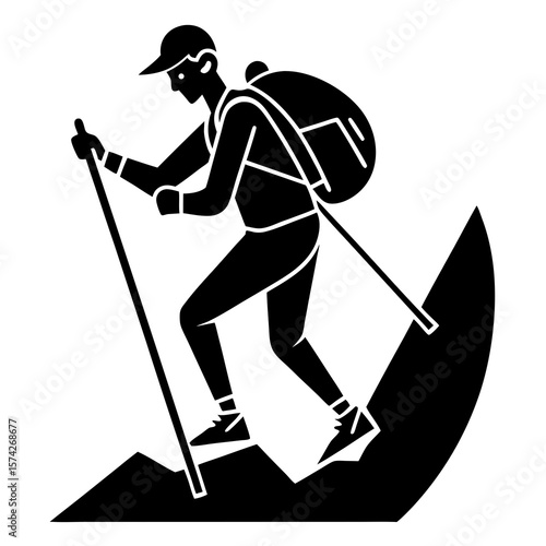 Hiker with backpack and trekking pole climbing uphill silhouette illustration