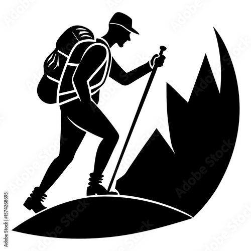 Hiker with backpack and trekking pole climbing uphill silhouette illustration