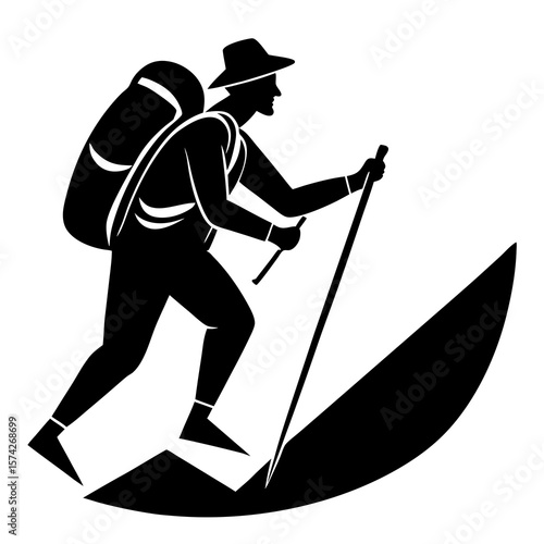 Hiker with backpack and trekking pole climbing uphill silhouette illustration