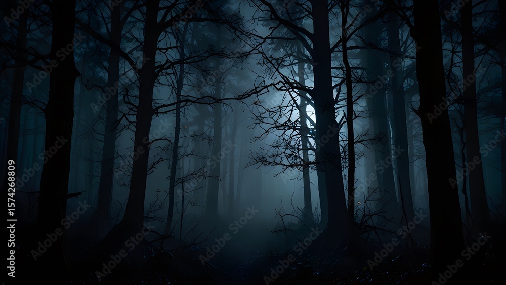 Fototapeta premium Bosque oscuro y brumoso iluminado por luz de luna
