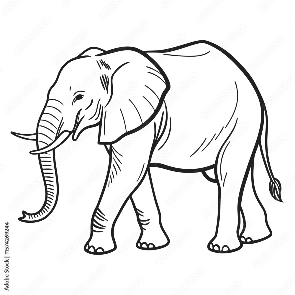Fototapeta premium Hand Drawn Outline White Elephant Walking Black Ink