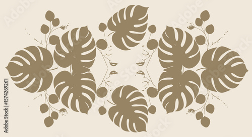 Symmetrical Arrangement of Taupe Monstera Leaves and Berries.