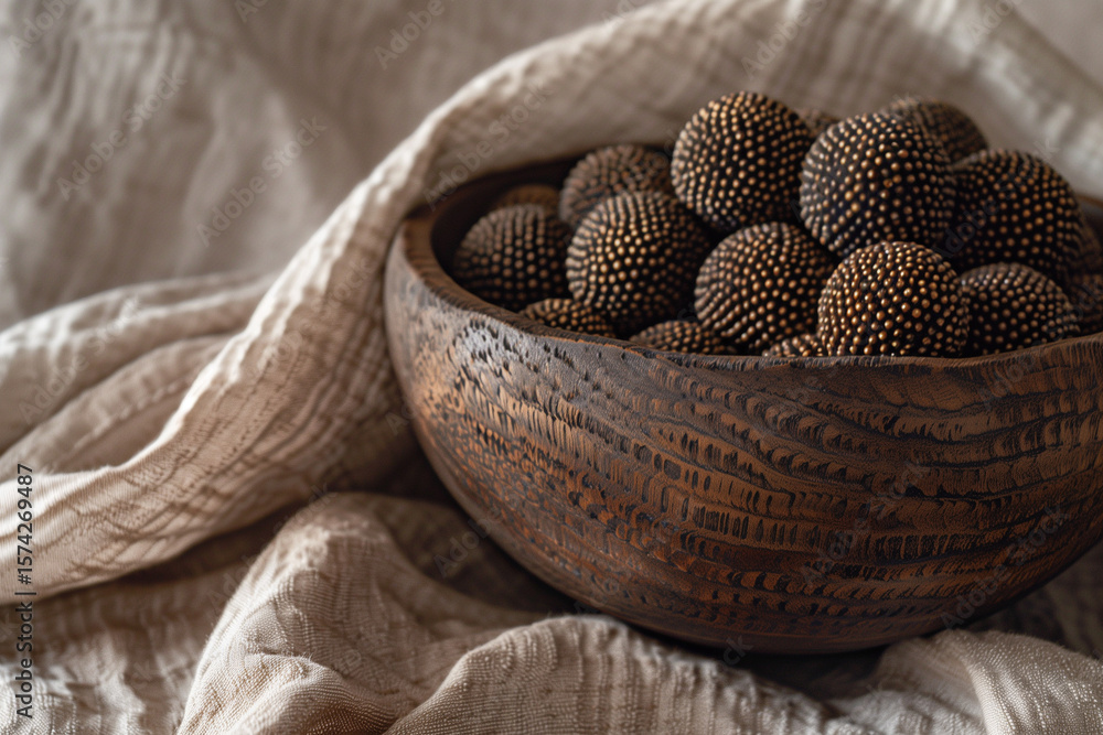 Fototapeta premium Decorative Wooden Bowl with Spotted Spheres
