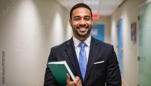 Smiling black man in a suit holding a book in a modern office  