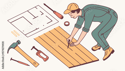 Carpenter Crafting Wooden Planks with Tools and Blueprint