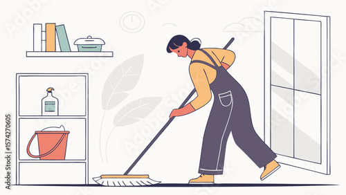 Woman Mopping Floor in Minimalist Home Interior Illustration