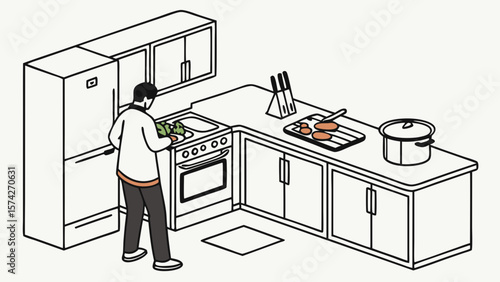 Isometric Illustration of a Modern Kitchen Scene with Cooking Activity