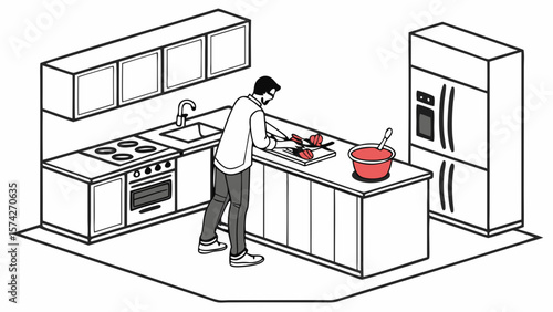 Minimalist Isometric Illustration of Modern Kitchen Interior with Cooking Scene
