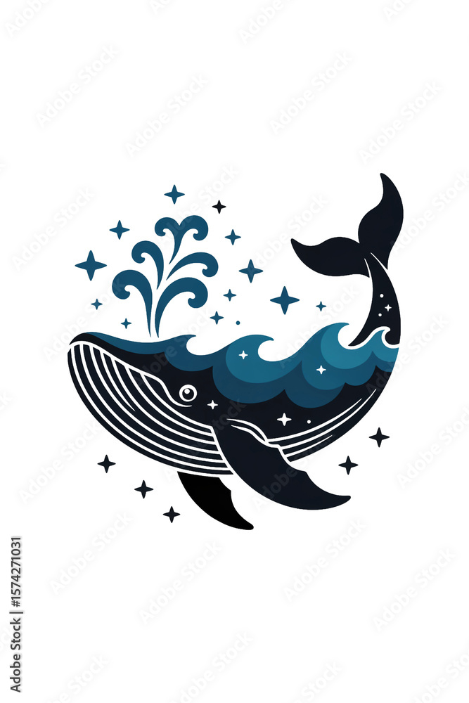 Fototapeta premium A majestic whale with water spouting from its blowhole, surrounded by stars, isolated on transparent background