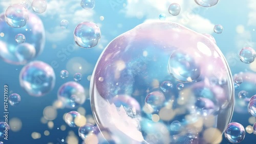 Wallpaper Mural A shimmering cascade of iridescent bubbles floats against a soft blue sky. Torontodigital.ca