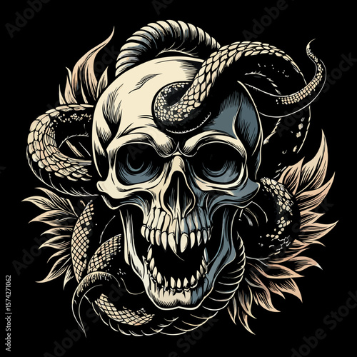 Dark Skull with Snake Illustration – Gothic Horror Tattoo Style Art