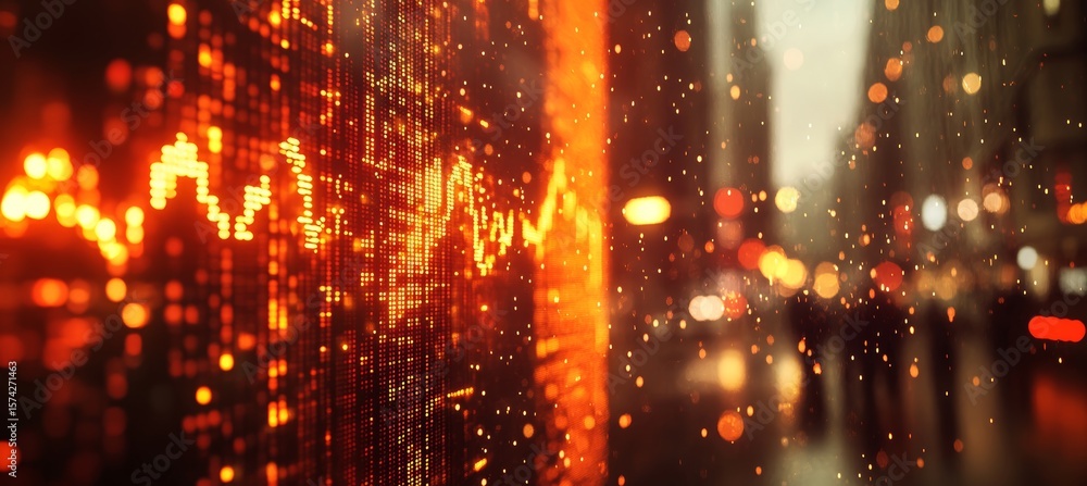 Fototapeta premium Dynamic Financial Data Visualization with Upward Trends, Cityscape Bokeh Background, Modern Style