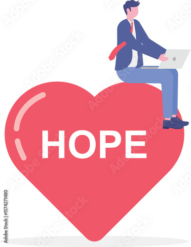 Cartoon tiny people holding hearts to throw into donation glass jar near Hope word.

