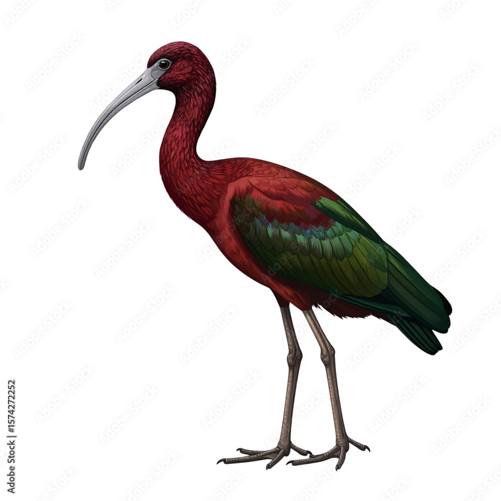 Fototapeta premium Detailed Side View Clipart of a Glossy Ibis Standing Tall, Isolated on White