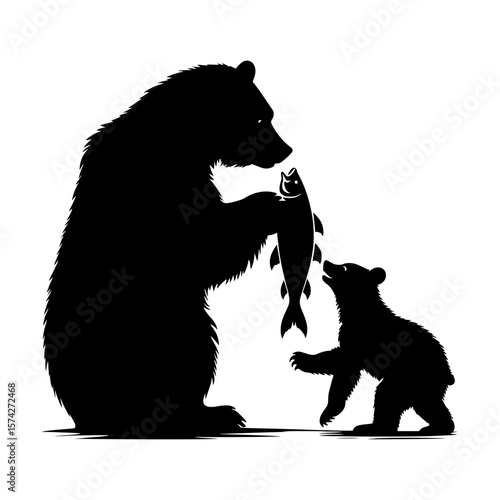 Mother bear shares her catch with her curious cub