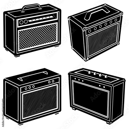 Four black and white guitar amplifiers with varying designs and control configurations displayed together