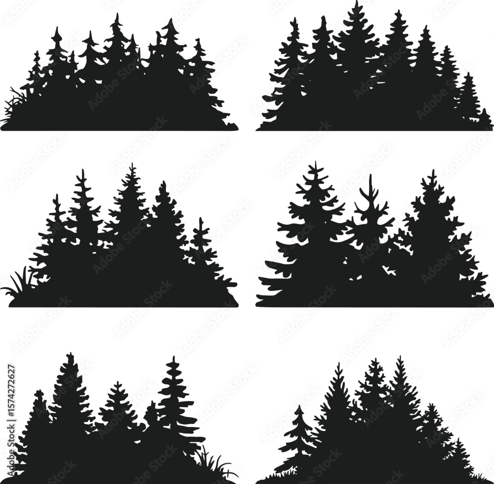 Obraz premium Set of Forest Silhouette Vector Illustrations of Pine Trees