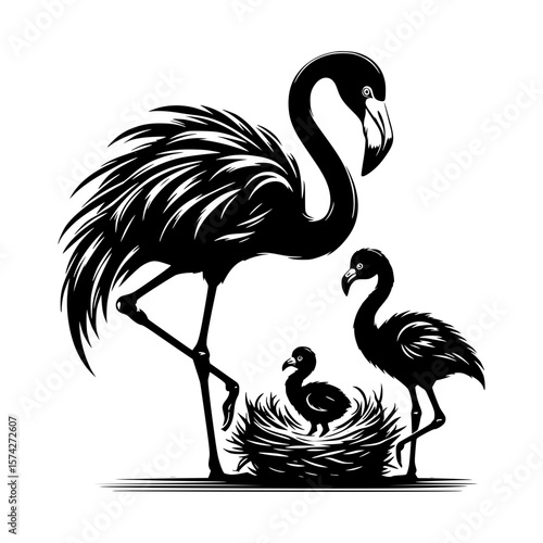 Elegant black silhouette of a flamingo family with a nest and chicks