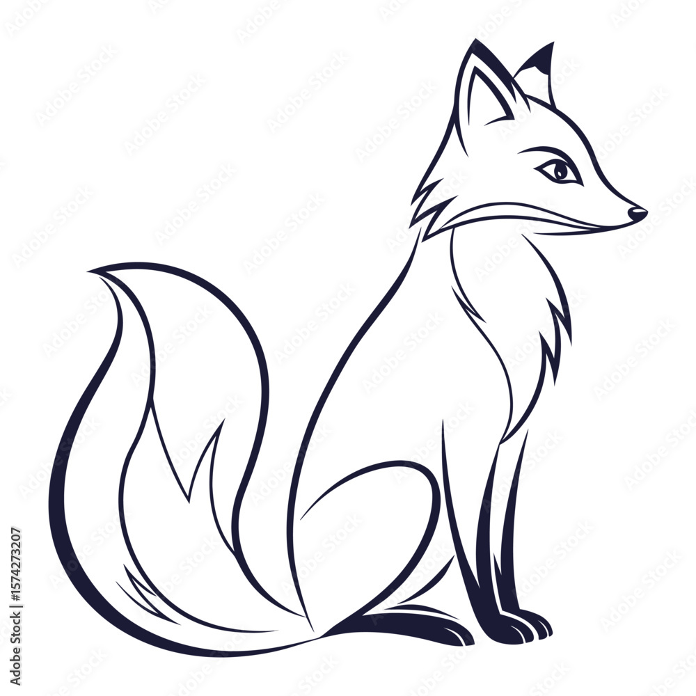 Obraz premium Minimalist Dark Blue Line Art Fox Sitting White Background