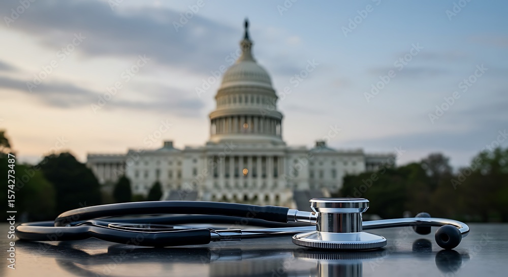 Obraz premium Medical stethoscope before blurred Capitol Building, representing government and health.