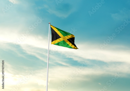Jamaica flag is waving on a tall flagpole among the clouds. Jamaica national flag for independence day.