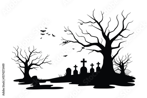 Spooky Halloween scene features silhouetted trees, tombstones, and bats against a stark white background, creating a classic, eerie illustration