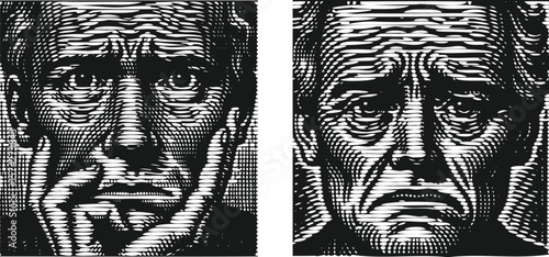  Monochrome lined effect engraving bundle of worried face with deep forehead wrinkles, detailed expression art, vintage style portrait vector illustration, emotional anxiety design