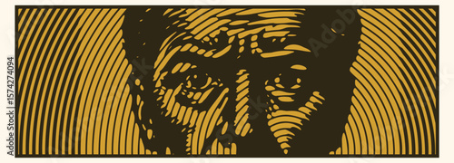  Heavy lined effect hand drawn banner design of worried face with deep forehead wrinkles vector, detailed expression, emotional portrait, sketch style, vintage engraving illustration