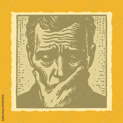  Vibrant color engraving postal stamp style vector of worried face with deep forehead wrinkles detailed hand drawn lined expression anxiety stress illustration design