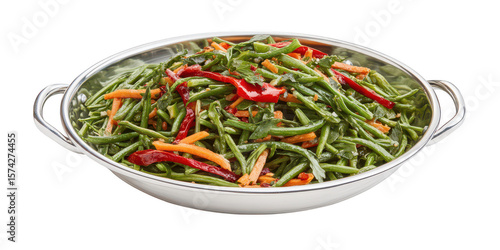 Green beans with peppers in silver bowl on transparent png background