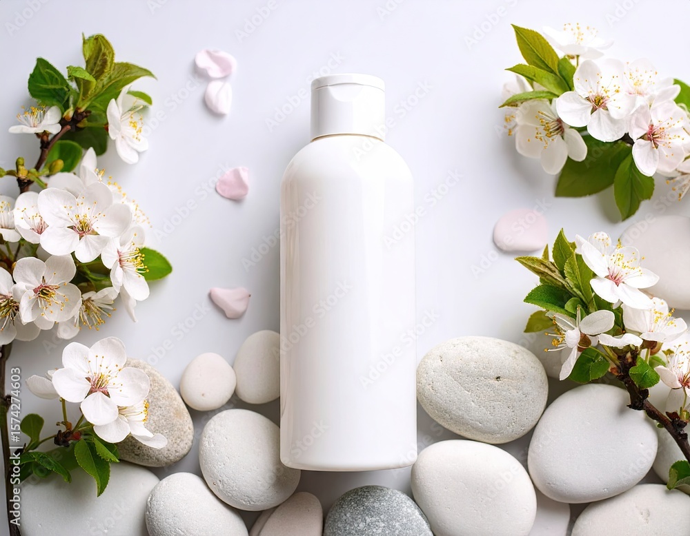 Cosmetic bottle surrounded by spring blossoms and stones Cosmetic bottle surrounded by spring blossoms and stones