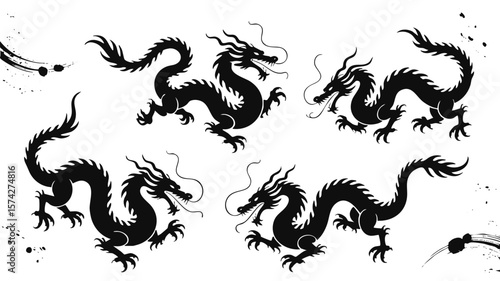 Download black silhouette chinese dragon vector illustration set oriental asian mythical creature design 100