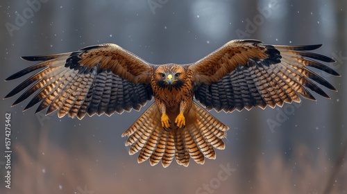 Majestic hawk soars through wintry sky with outstretched wings golden feathers and focused gaze winter scene
