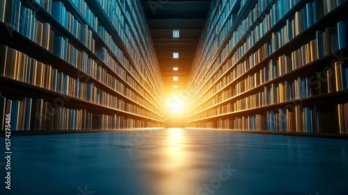 A Bright Light Illuminates the End of a Long Library Aisle.