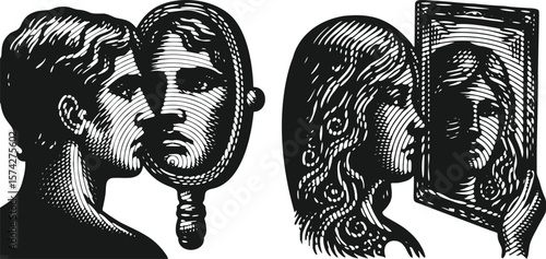  Monochrome lined effect engraving bundle featuring man and woman face reflecting in a mirror, detailed vector illustration with intricate engraving style, artistic portrait reflection design