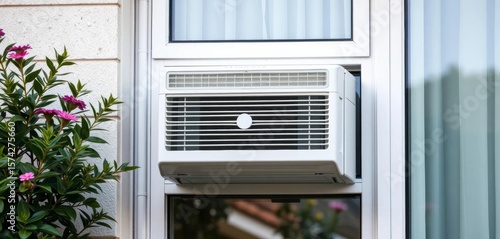 Modern air conditioning unit installed in a residential window,  summer,   repair