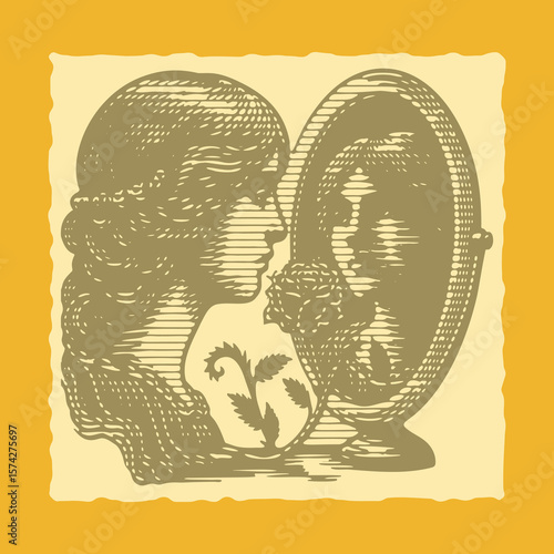  Vibrant color engraving postal stamp lined vector of woman face reflecting in mirror, detailed portrait illustration, vintage style art, beauty reflection concept design