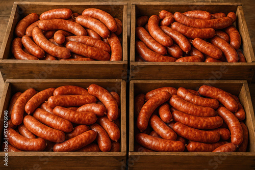 Sausages are in boxes. Sausage products are on the shelf in the store. Raw meat sausages in packing box. Opened transparent  tray of fresh raw sausages top-view.