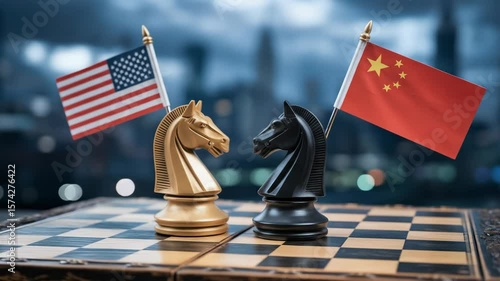 Global trade negotiations chess game flags united states china competition international relations