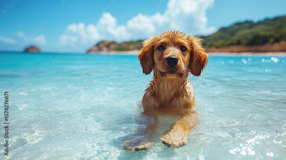 Golden Retriever enjoying the Turquoise Ocean Warm light reflections Summer Fun on a Tropical Beach Vacation Golden Retriever enjoying the Turquoise Ocean Warm light reflections Summer Fun on a Tropical Beach Vacation