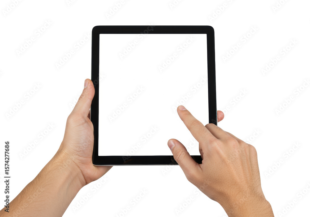 Two clean, well-manicured light-skinned hands, one supporting a black tablet vertically, the other's finger poised over a blank white touchscreen, isolated on a seamless transparent studio background Two clean, well-manicured light-skinned hands, one supporting a black tablet vertically, the other's finger poised over a blank white touchscreen, isolated on a seamless transparent studio background